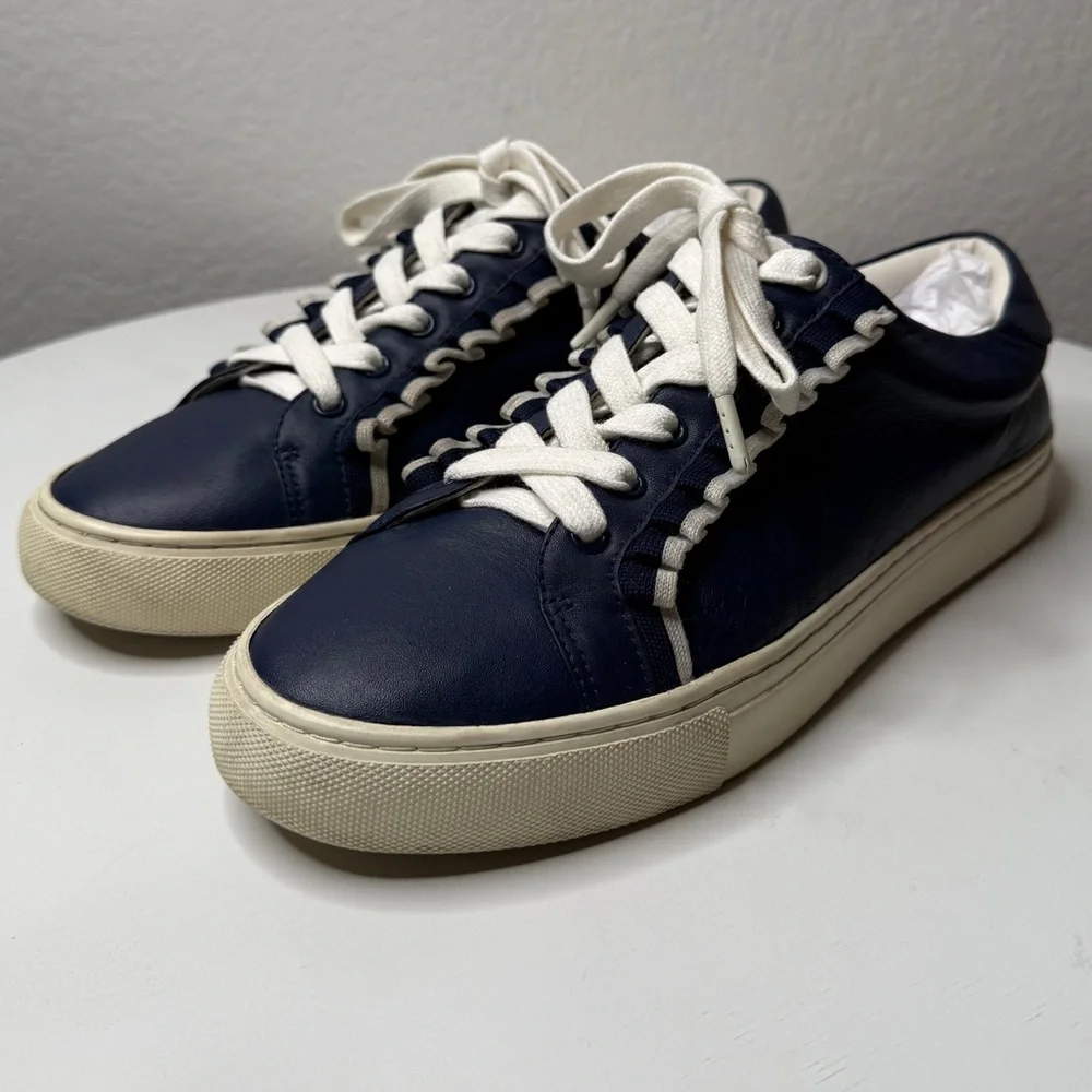 Tory Burch Sport Blue Ruffle Leather Lace Up Low Top Sneakers Logo Size 8.5